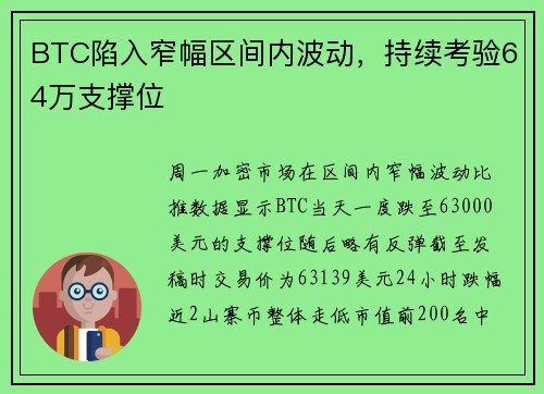 BTC陷入窄幅区间内波动，持续考验64万支撑位