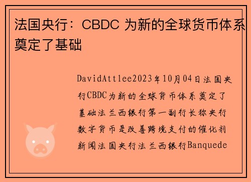 法国央行：CBDC 为新的全球货币体系奠定了基础 